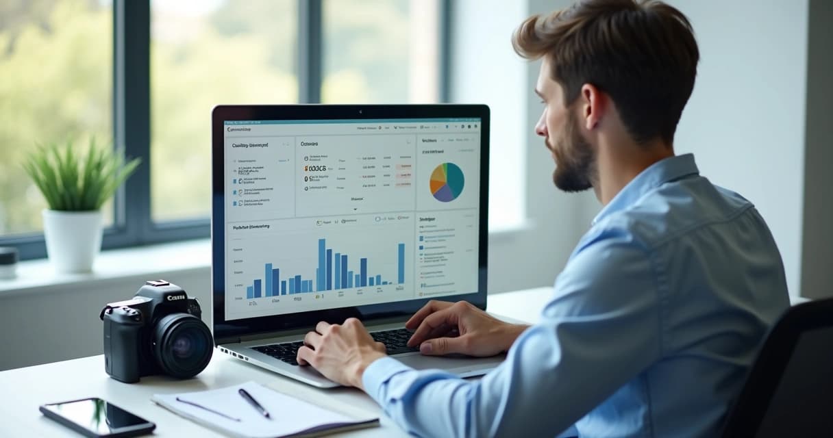 Fotógrafo organizando contratos e agenda em laptop moderno, com gráficos e calendários na tela, ambiente de escritório claro e tecnológico
