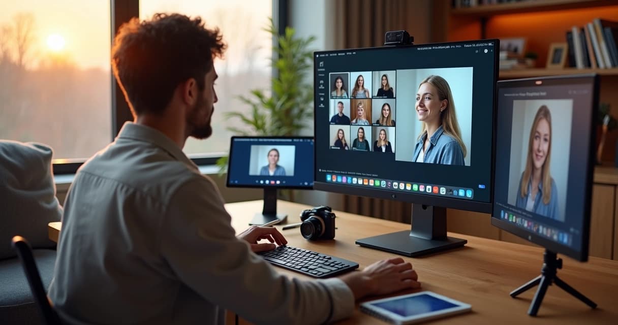 Fotógrafo em home office ensinando fotografia em aula online no computador