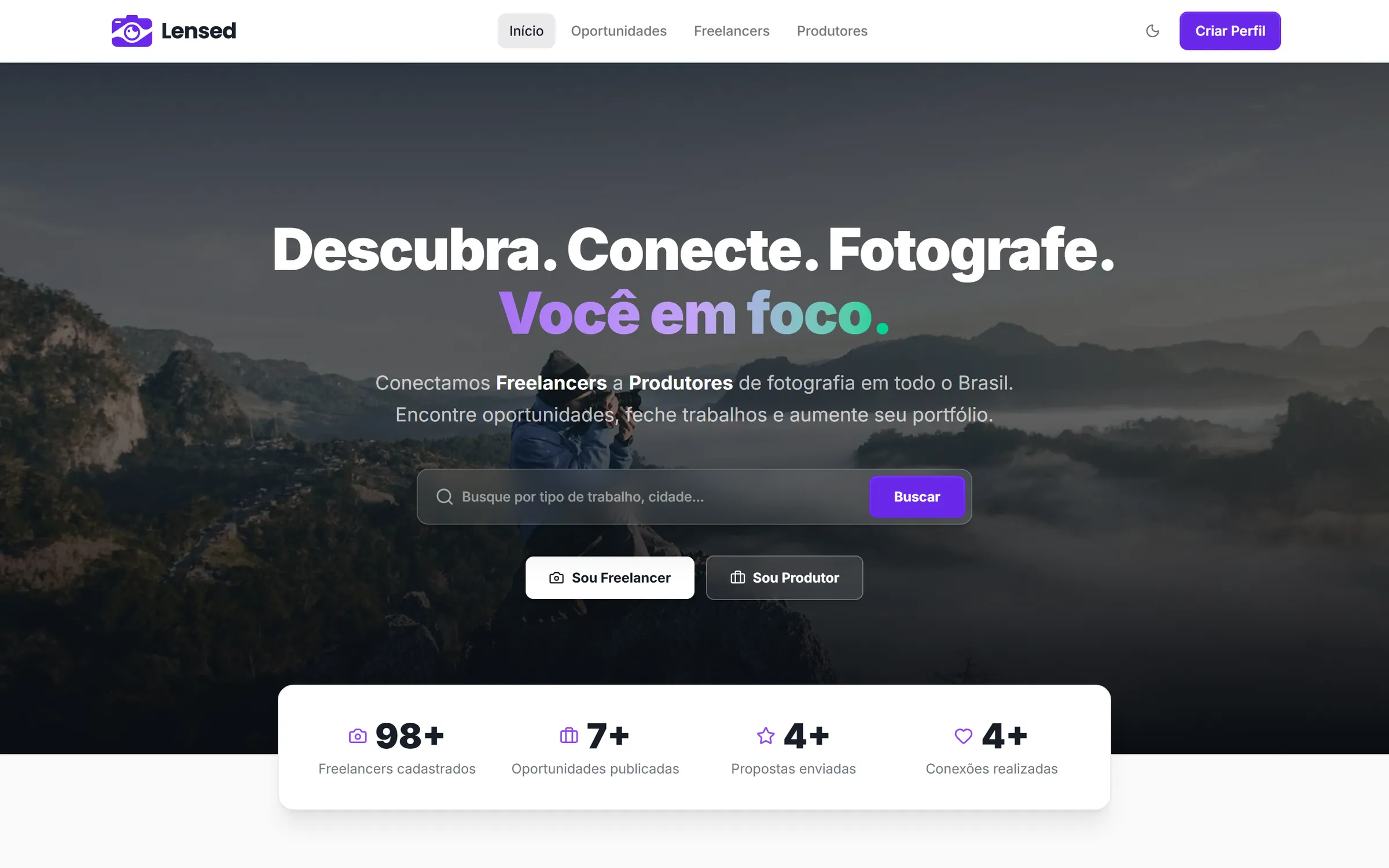 Página inicial da Lensed, a plataforma que conecta fotógrafos freelancers e produtores, com busca por tipo de trabalho e cidade