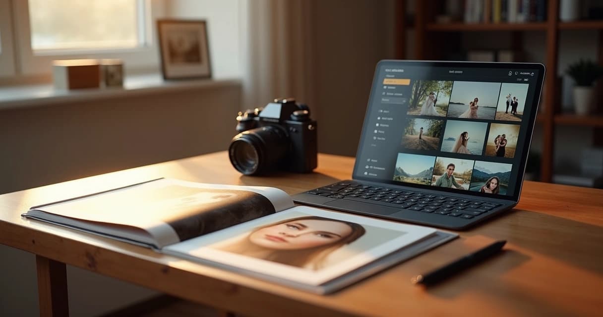 Mesa organizada com álbum de fotos impresso ao lado de tablet exibindo galeria digital
