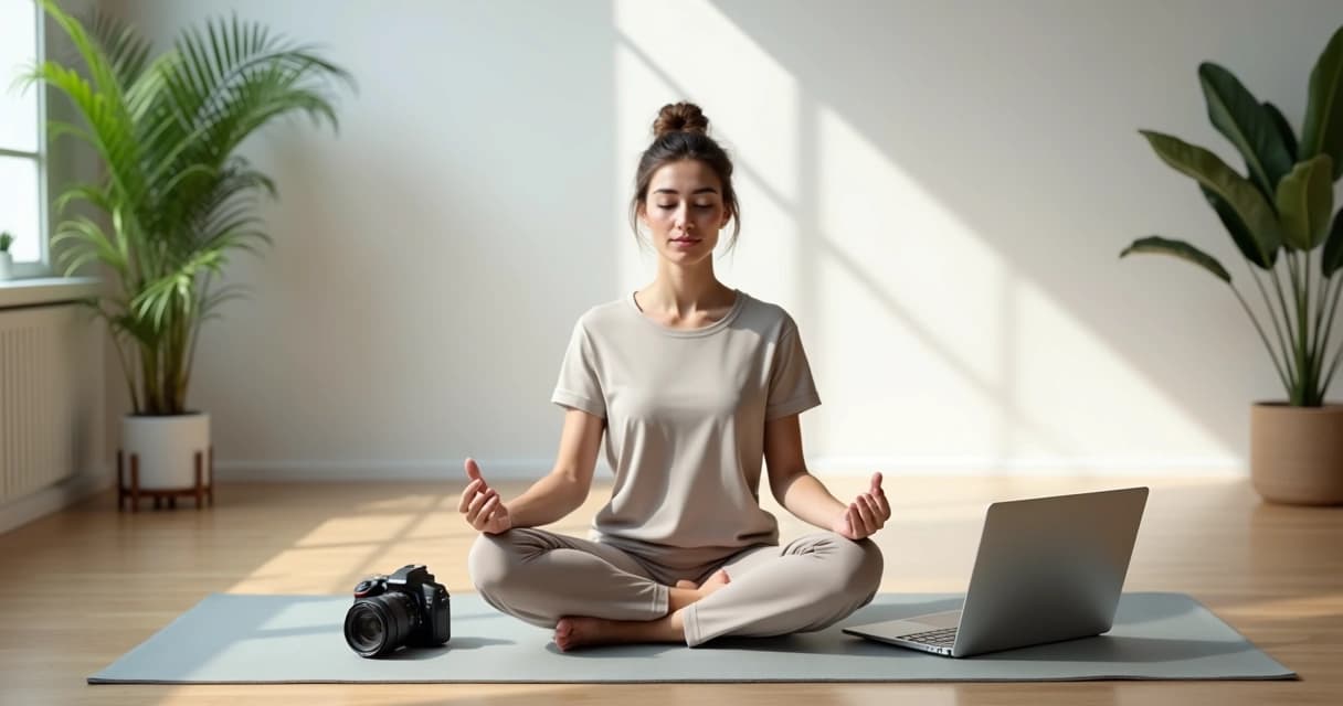 Fotógrafo sentado no chão de estúdio claro meditando ao lado da câmera