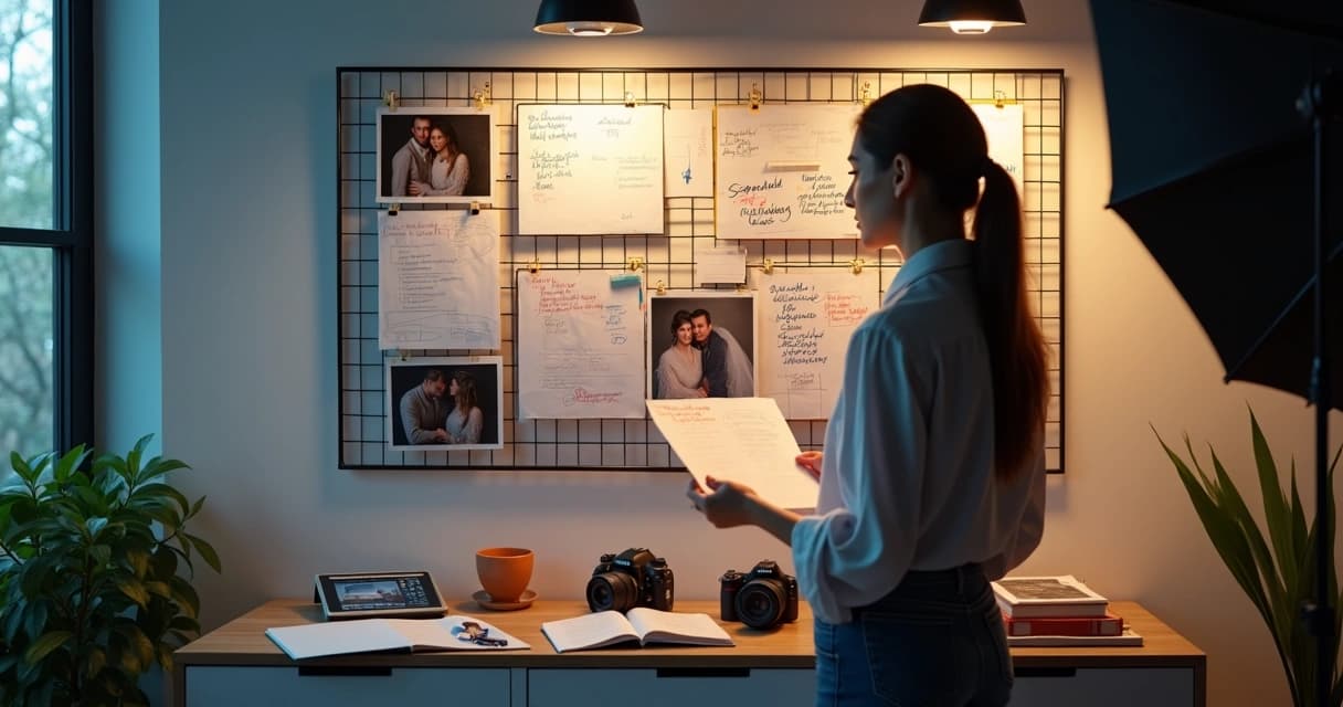 Fotógrafo analisando impressões de feedback marcadas com anotações em estúdio
