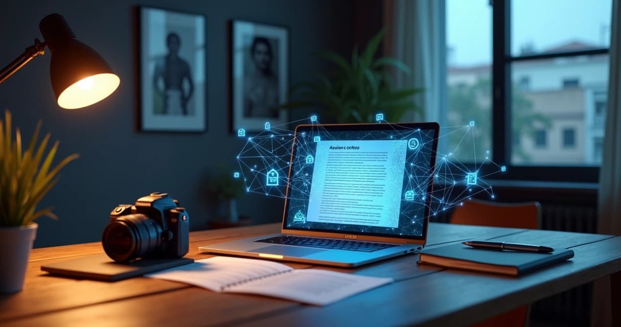 Contrato digital com ícones de blockchain flutuando sobre mesa de fotógrafo em estúdio