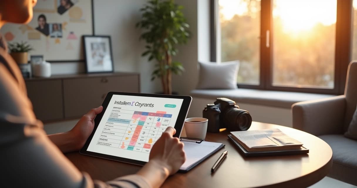 Fotógrafo analisando opções de parcelamento em tablet com cenário financeiro ao fundo