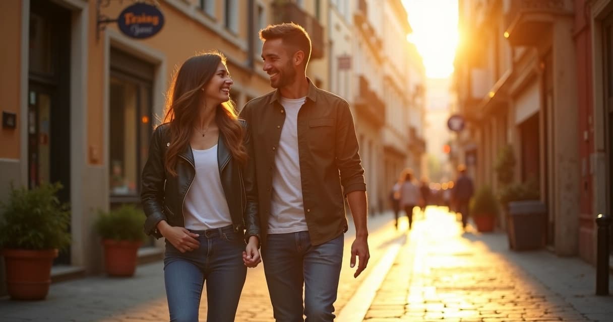 Casal rindo andando na rua durante sessão de fotos espontânea