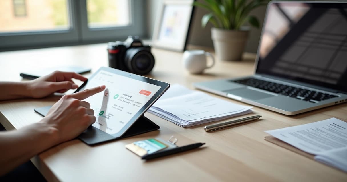 Fotógrafo configurando lembretes de pagamentos mensais em tablet com cartões e fotos na mesa