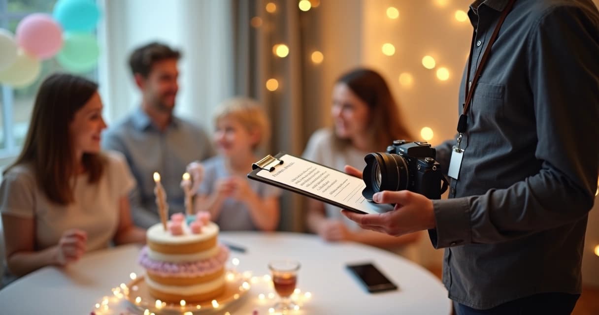 Fotógrafo em festa infantil mostrando termo de autorização aos responsáveis