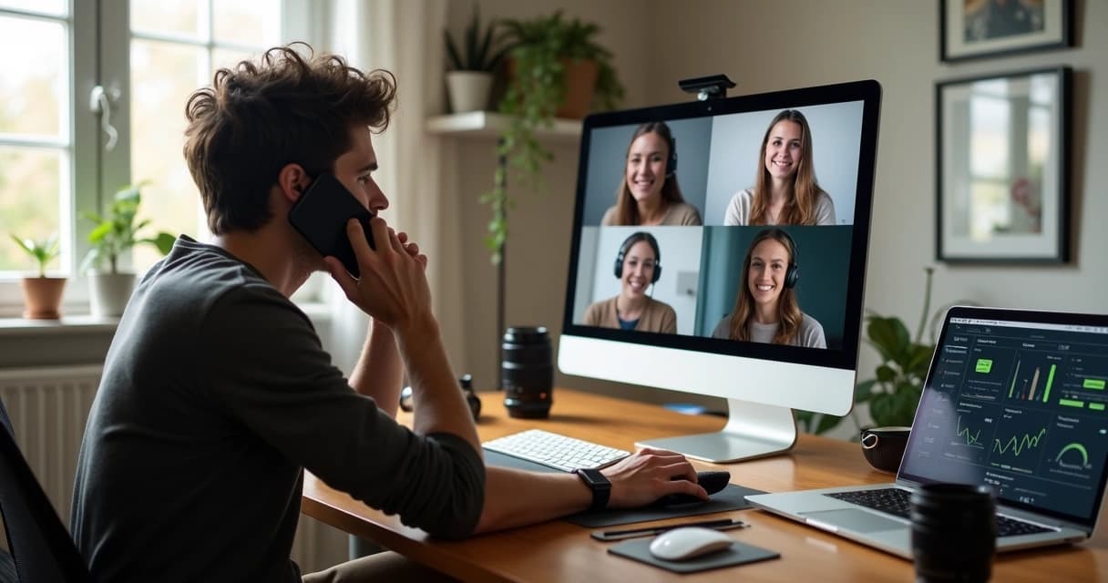 Fotógrafo em estúdio falando ao celular enquanto observa equipe de suporte em videoconferência.
