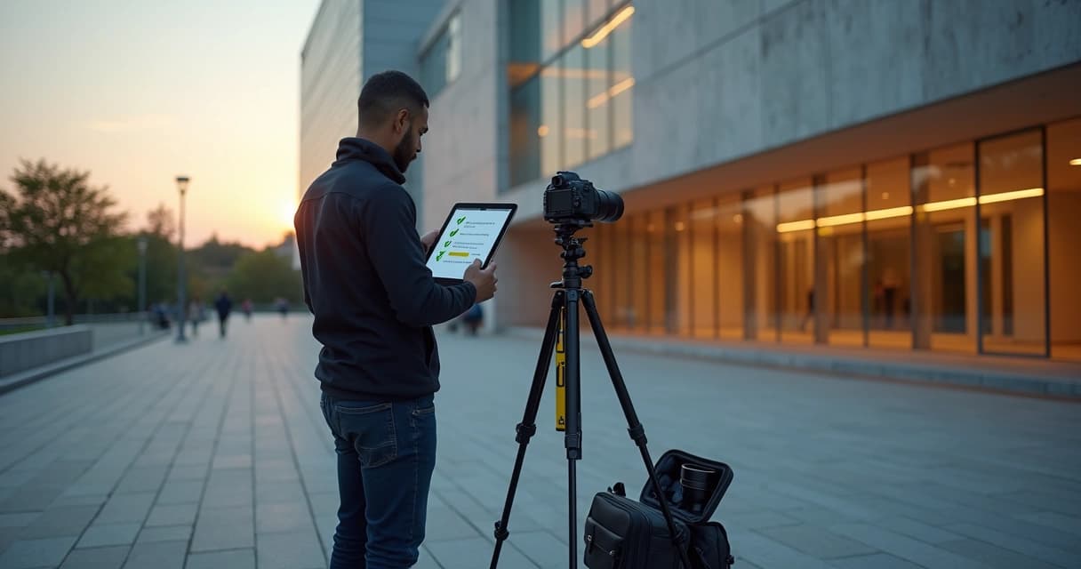 Fotógrafo conferindo checklist em tablet enquanto fotografa fachada moderna