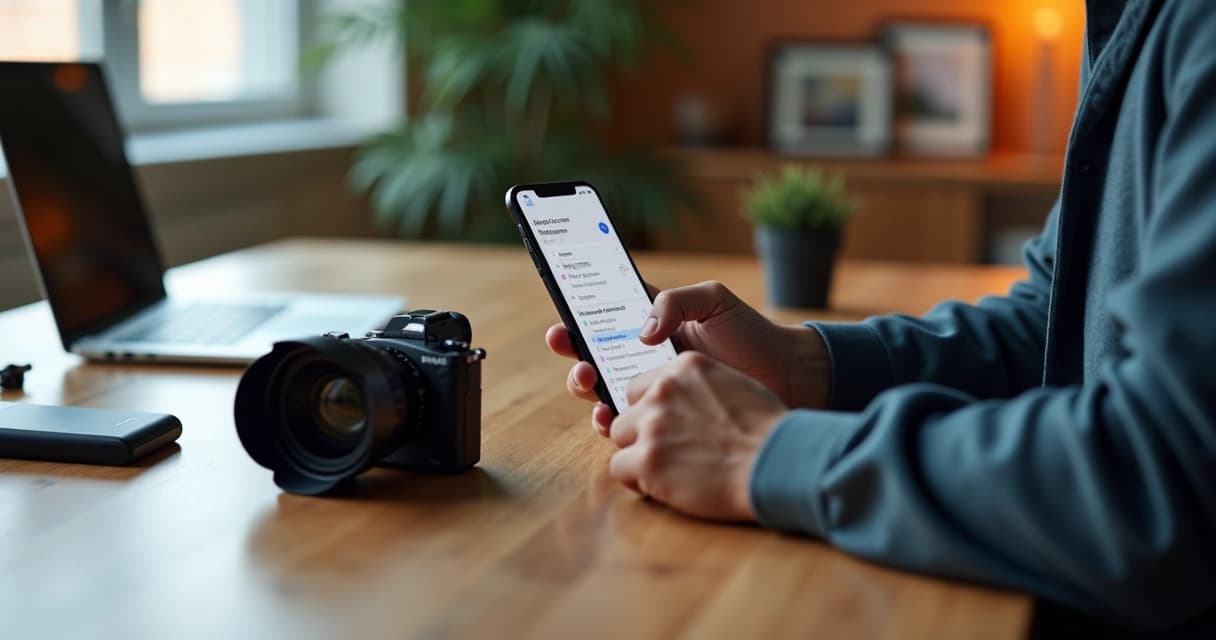 Fotógrafo editando workflow em aplicativo no celular