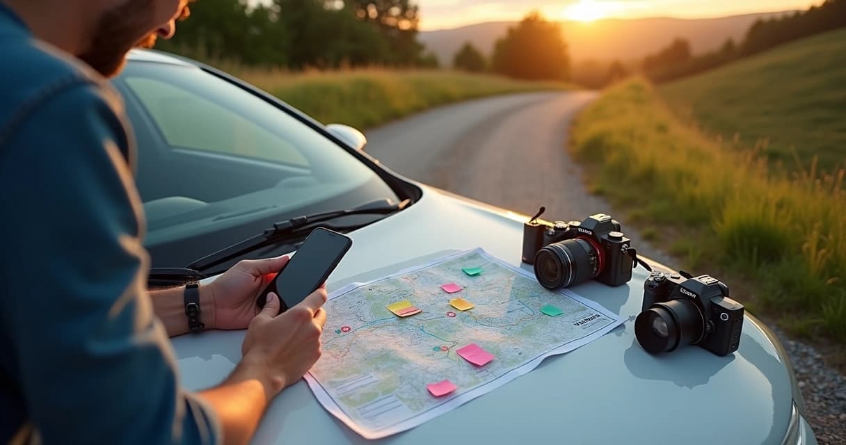 Fotógrafo organizando sessão externa com smartphone e mapa aberto no capô do carro