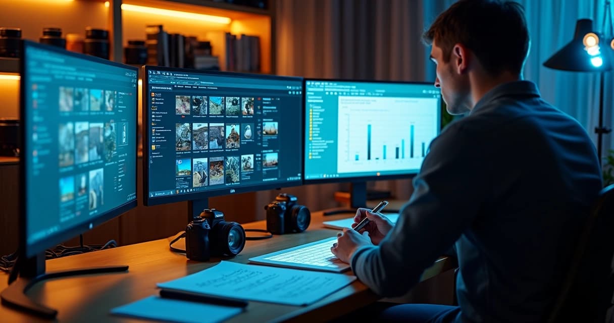 Fotógrafo gerenciando catálogo de fotos em plataforma de banco de imagens
