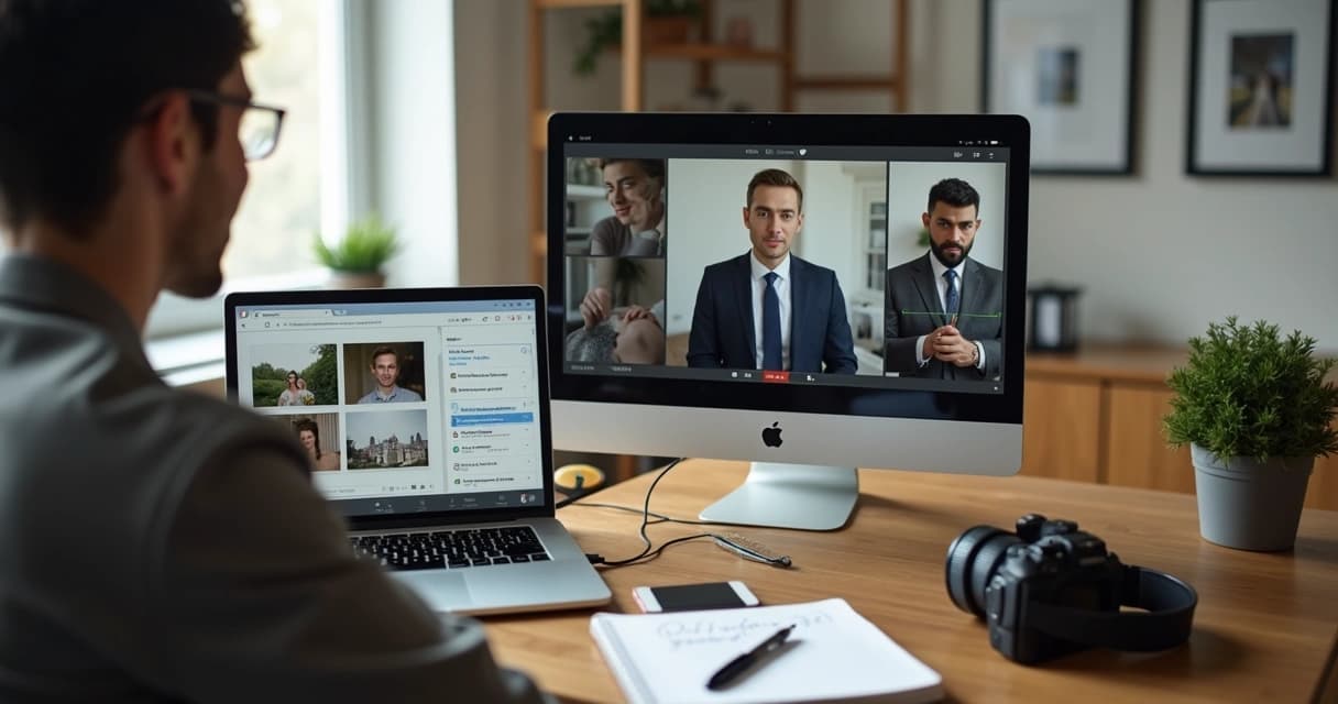 Fotógrafo em reunião online com cliente mostrando fotos na tela do laptop