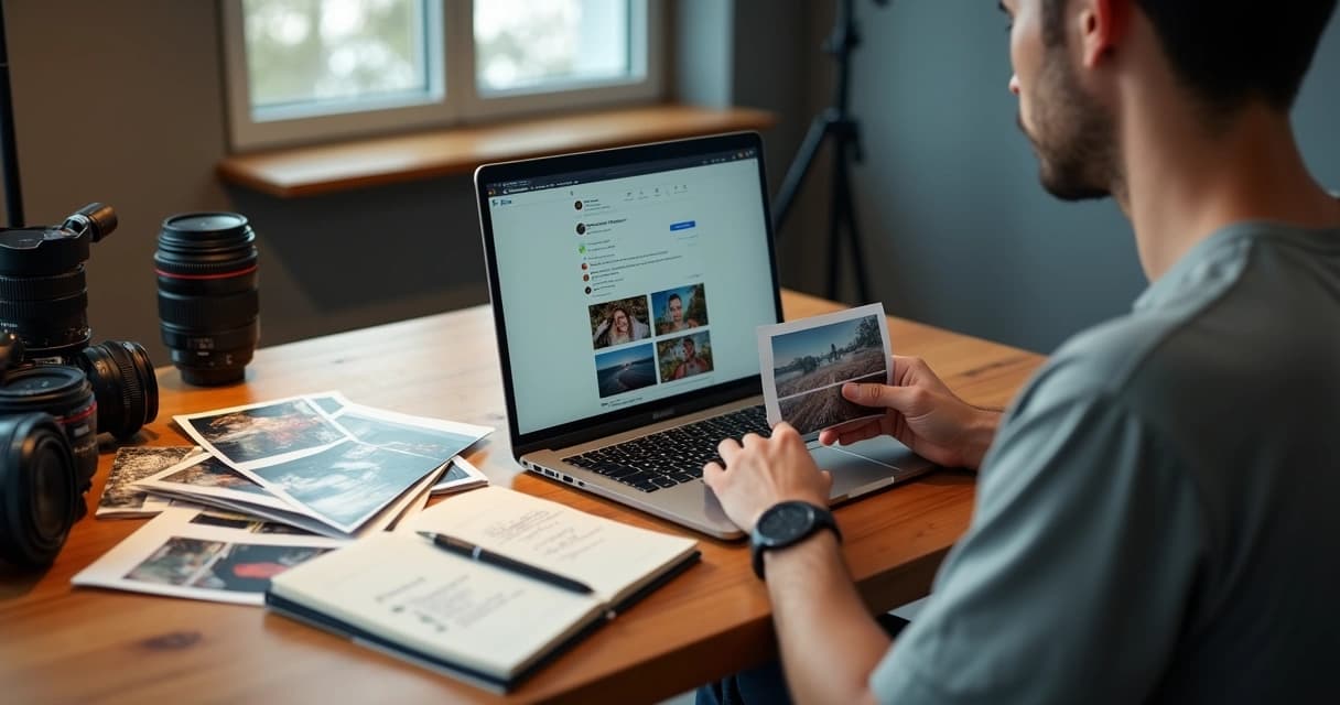 Fotógrafo responde comentários em notebook com fotos abertas na tela