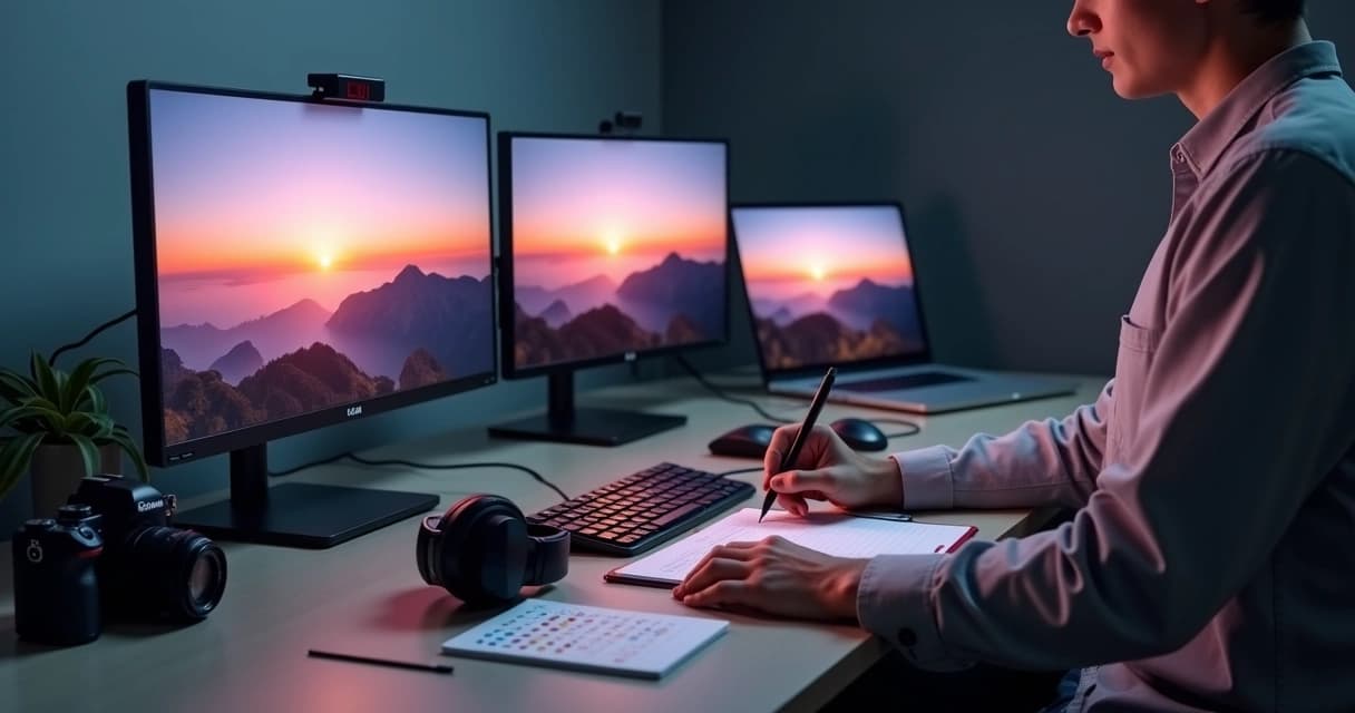Fotógrafo ajustando cores em múltiplos monitores com imagem idêntica
