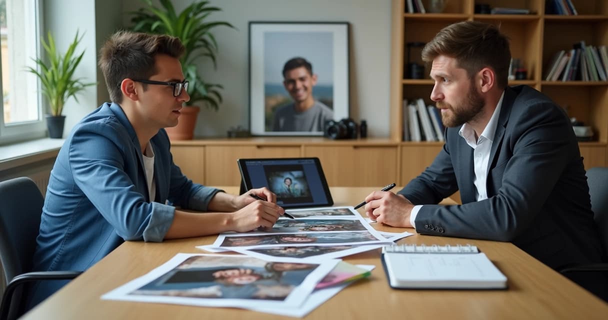 Fotógrafo e cliente conversando calmamente revisando fotos impressas