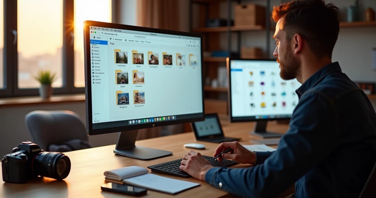 Tela de computador com pastas de clientes organizadas e fotógrafo ao fundo em escritório moderno