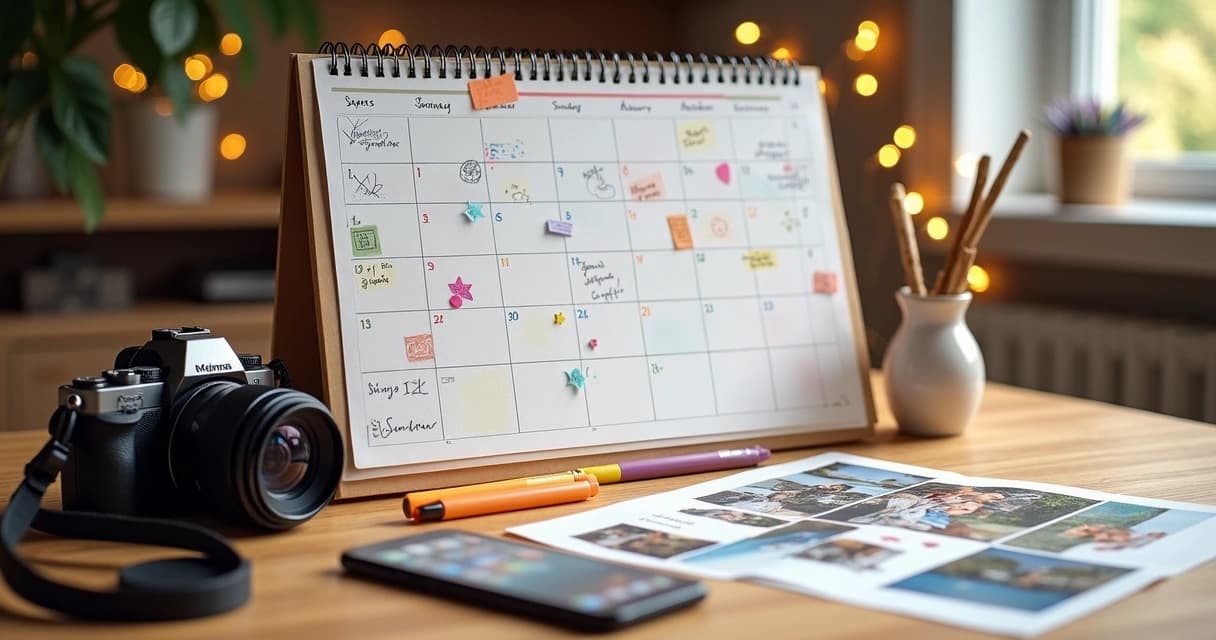Calendário colorido com anotações marcando promoções sazonais e câmera fotográfica ao lado