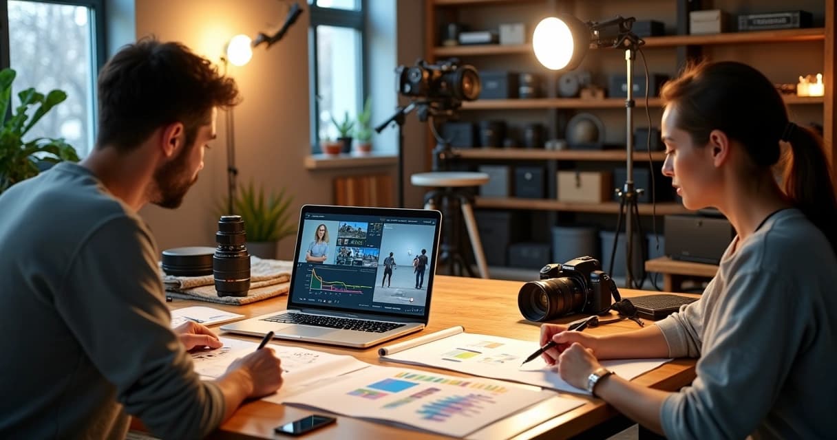 Fotógrafo e videomaker planejando juntos frente a luzes e equipamentos de estúdio