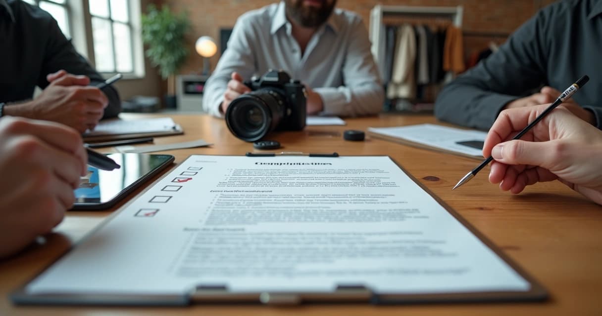 Equipe criativa de fotografia reunida em volta de contrato impresso sobre mesa de estúdio
