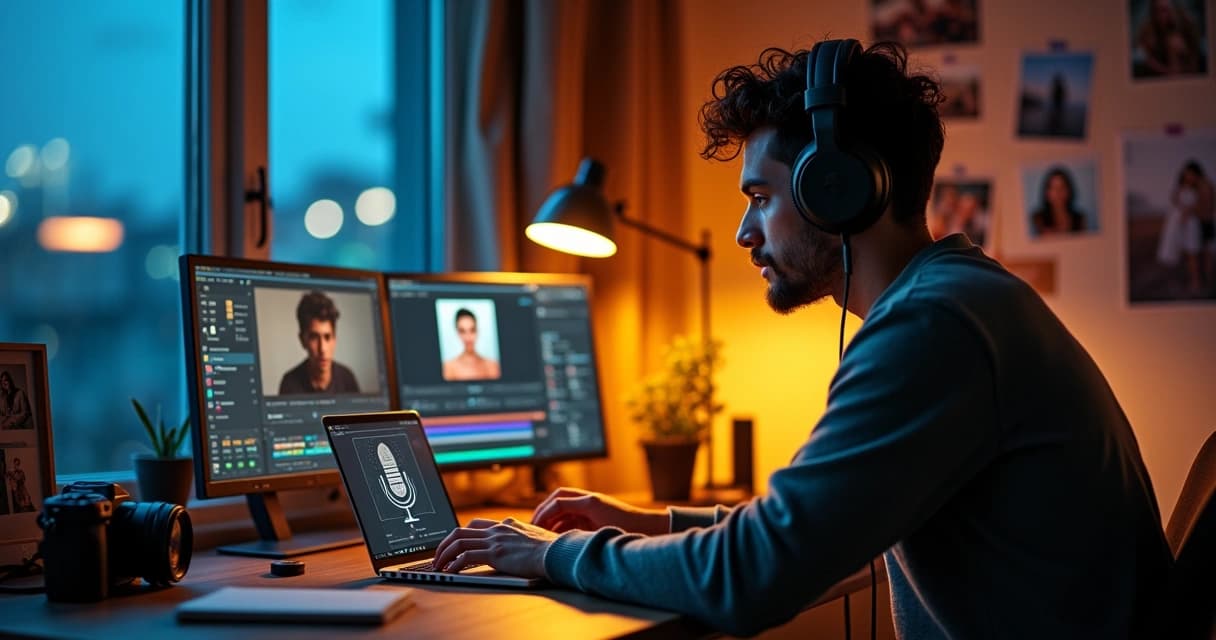 Fotógrafo brasileiro ouvindo podcast com fones enquanto edita fotos no laptop