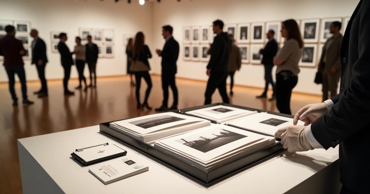 Portfólio fotográfico físico organizado sobre pedestal em galeria de arte moderna