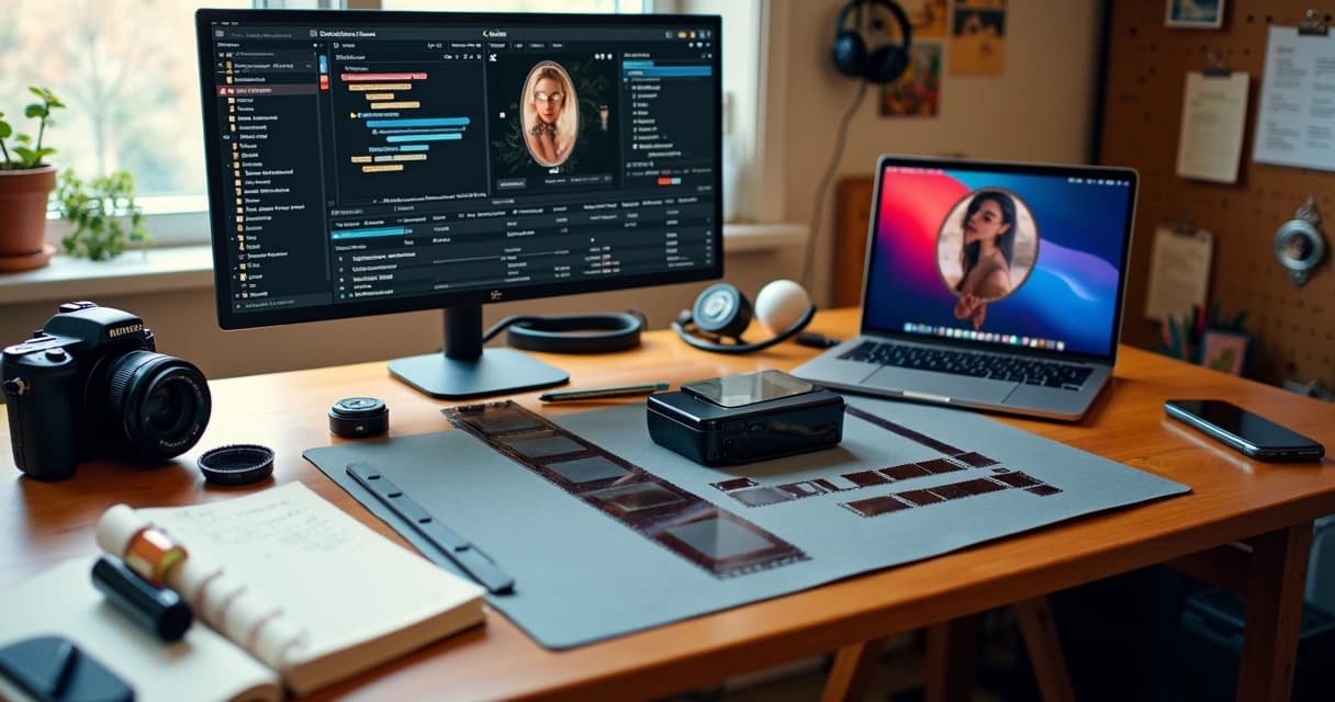 Mesa de fotógrafo com equipamentos analógicos e digitais lado a lado em estúdio claro