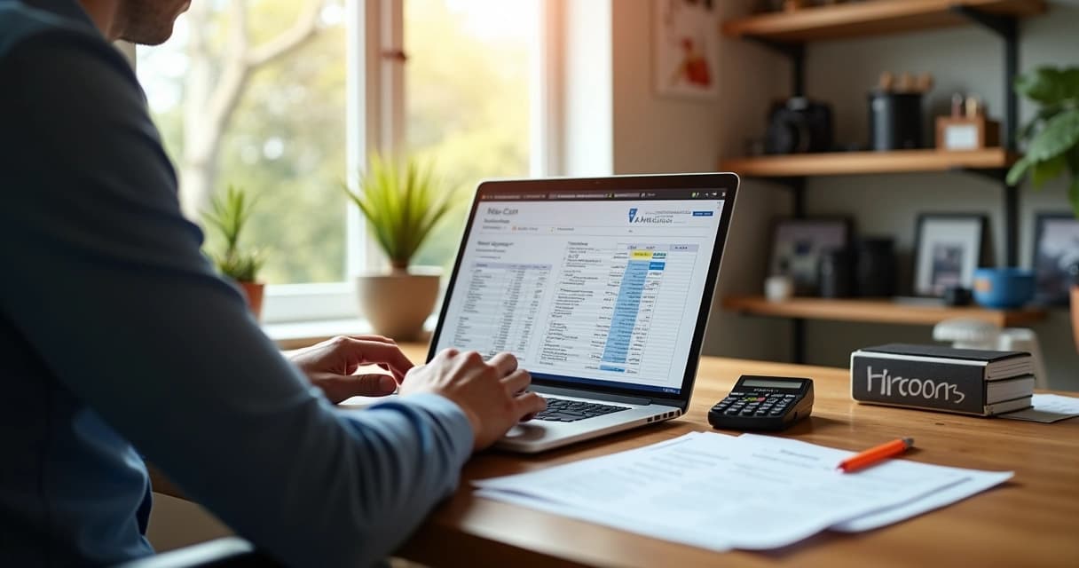 Fotógrafo organizando finanças e contratos em laptop com anotações ao redor