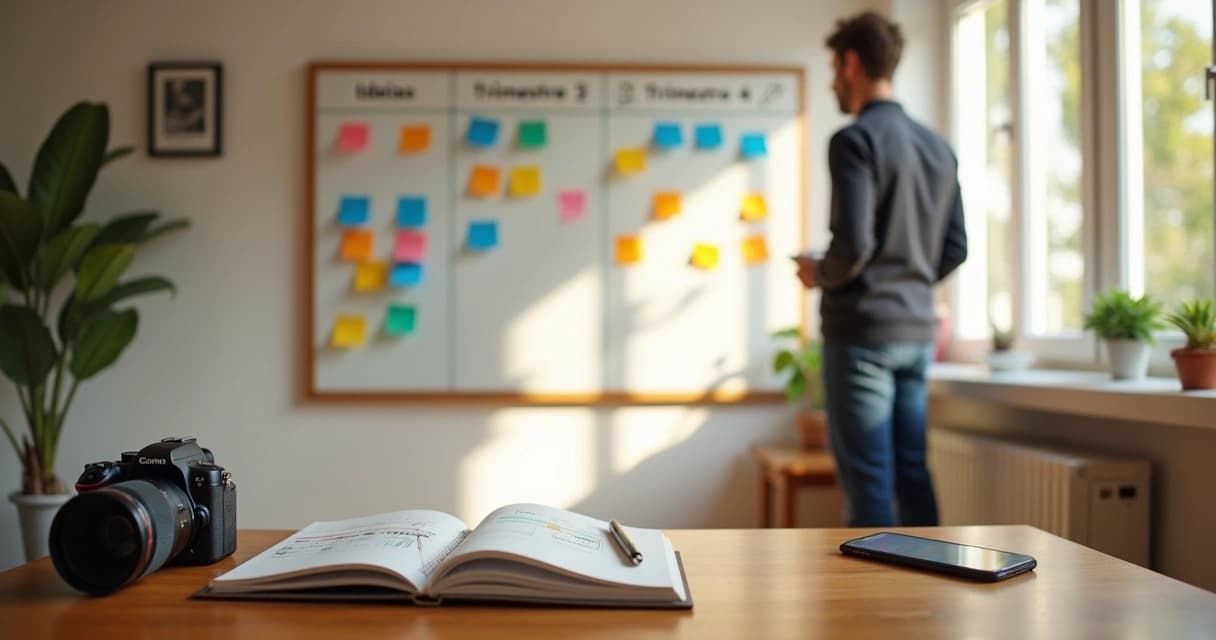 Fotógrafa planejando metas em quadro kanban colorido com câmeras na mesa