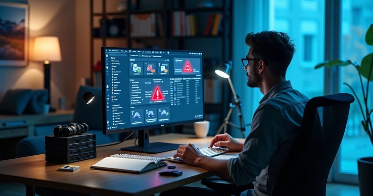 Fotógrafo em home office olhando tela com ícones de nuvem e alerta de erro de backup