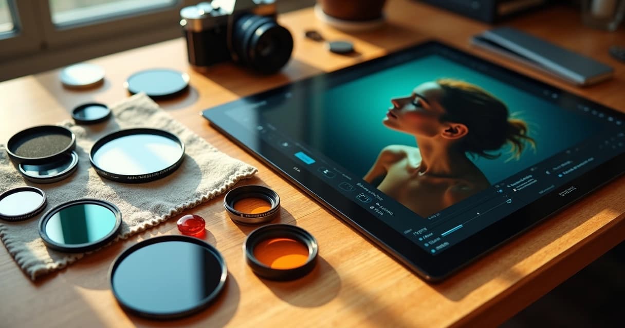 Filtros analógicos sobre mesa ao lado de tablet com edição de foto