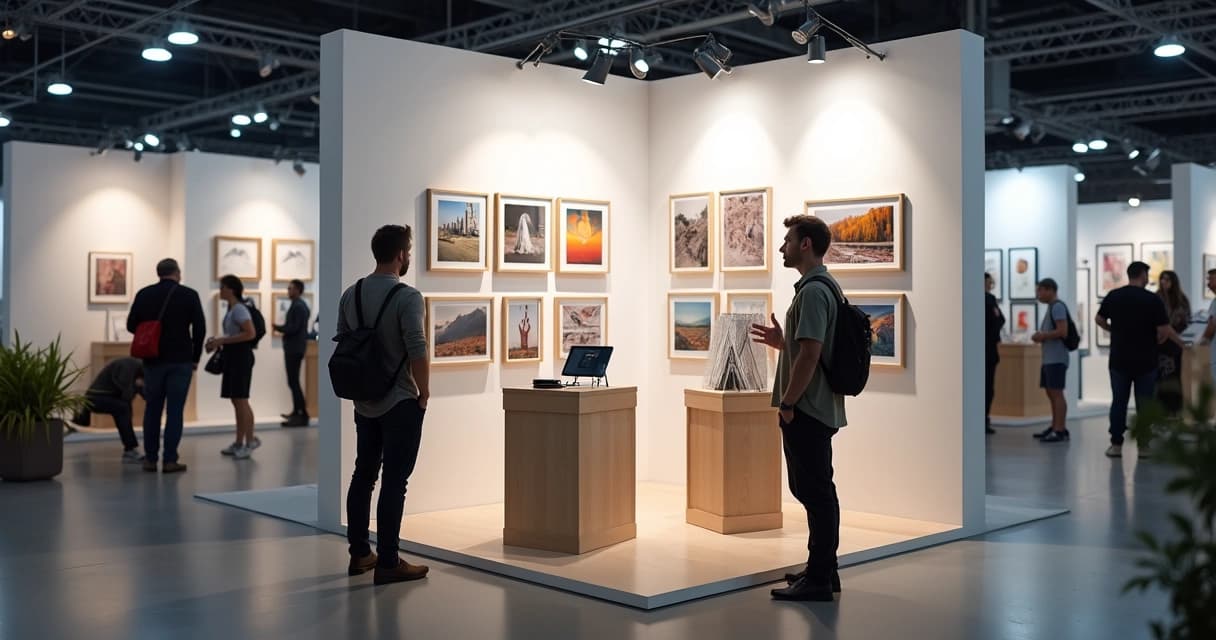 Corredor de feira de fotografia com estande criativo exibindo diferentes fotos