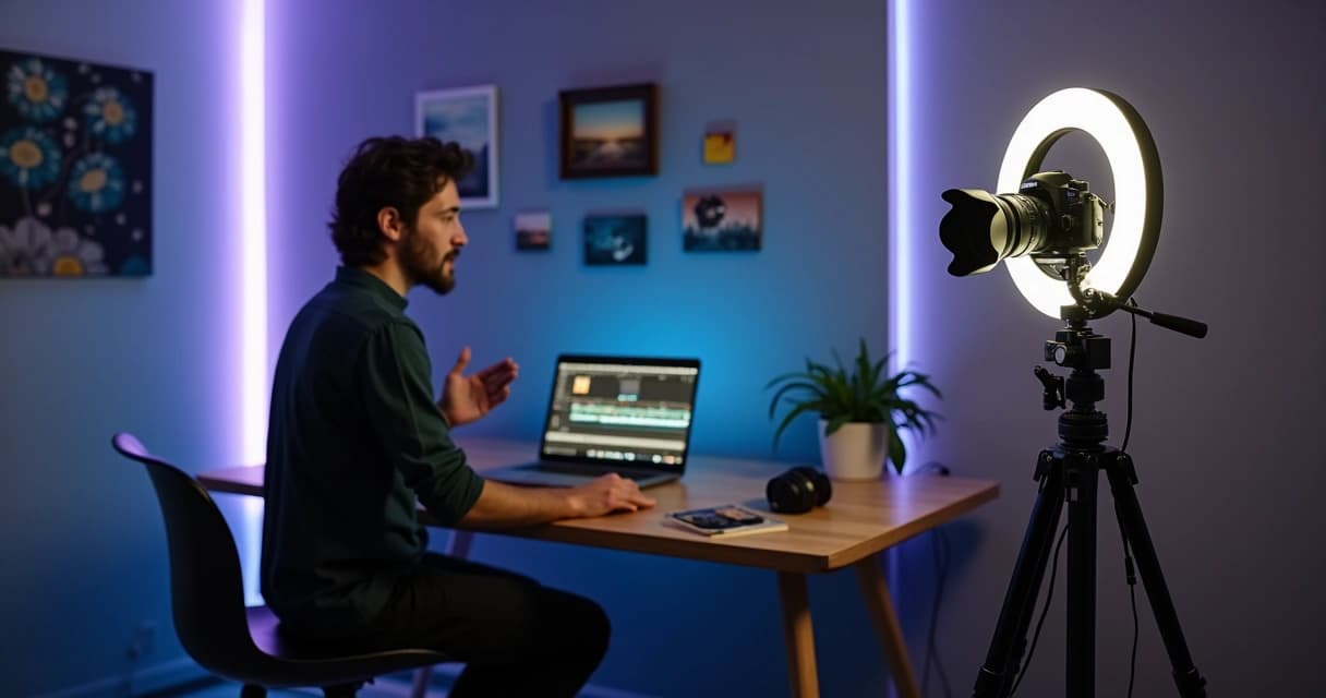 Fotógrafo grava tutorial em estúdio com câmera e ring light diante de laptop aberto