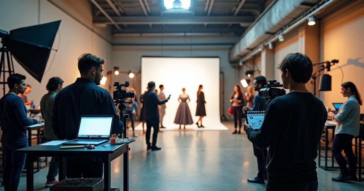 Equipe de foto e vídeo registrando bastidores de grande ensaio em estúdio
