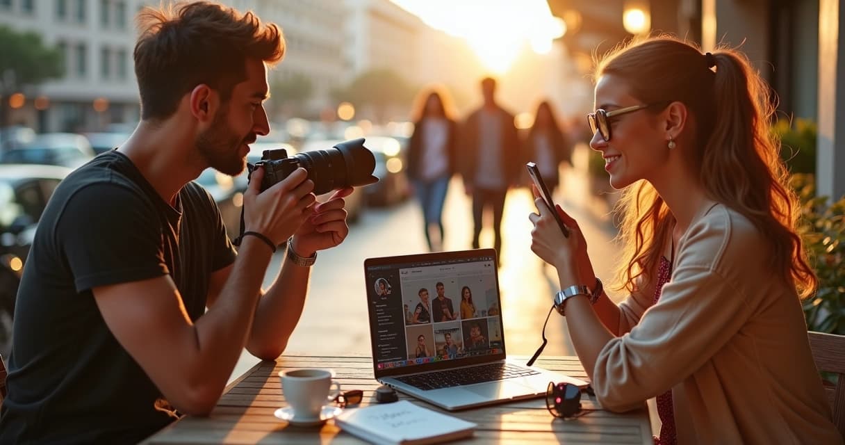 Fotógrafo mostrando visor da câmera para influenciadora ao ar livre