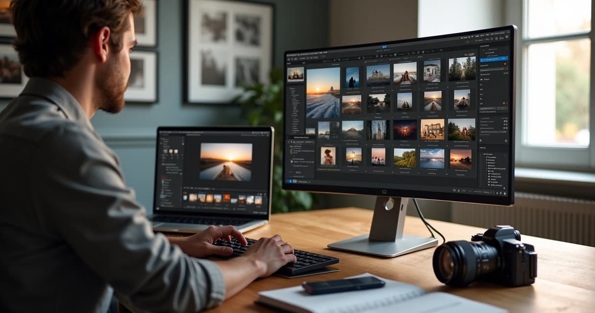Fotógrafo organizando presets de edição em notebook com várias fotos na tela