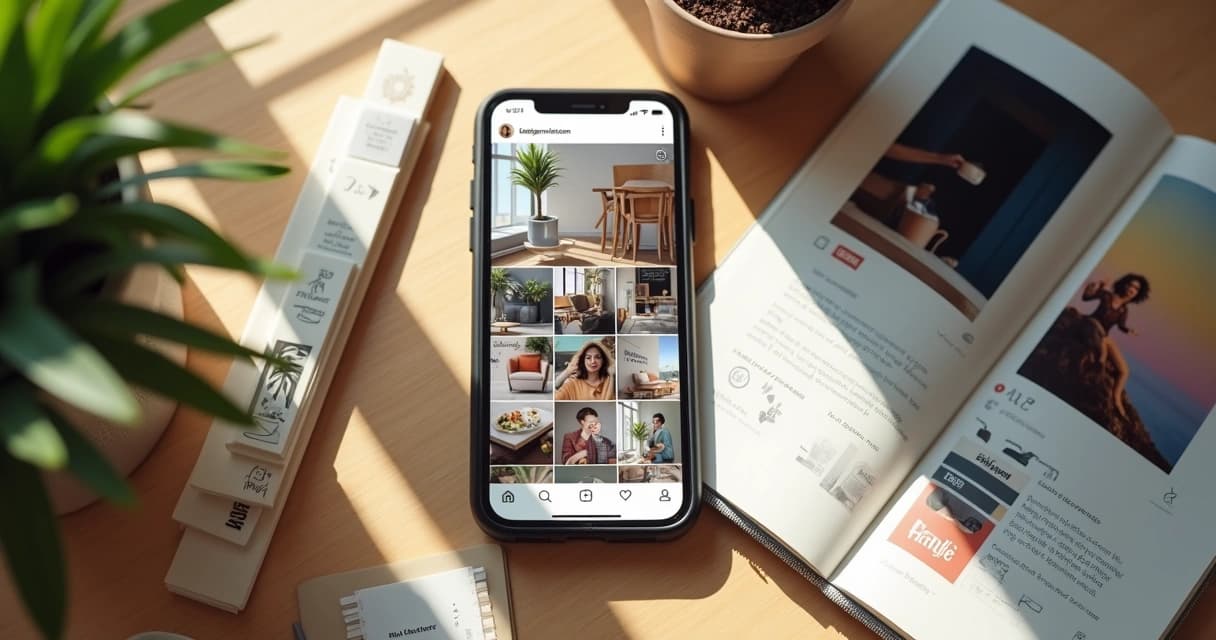 Celular exibindo feed com fotos profissionais sobre uma mesa de trabalho de fotógrafo