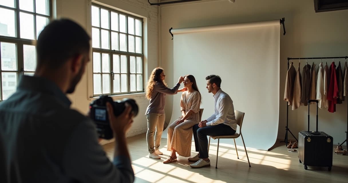 Fotógrafo registrando bastidores de casal sendo preparado por maquiadora