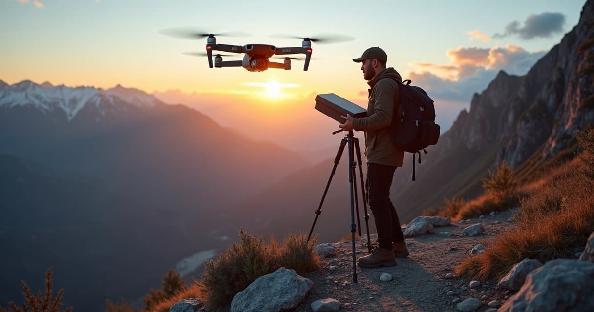 Drone de entrega pairando perto de fotógrafo em montanha remota