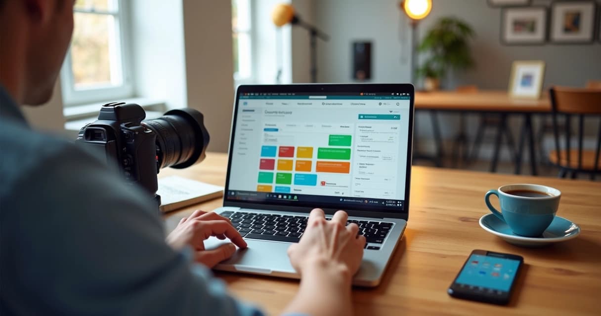 Fotógrafo profissional organizando agenda e contratos no laptop ao lado da câmera
