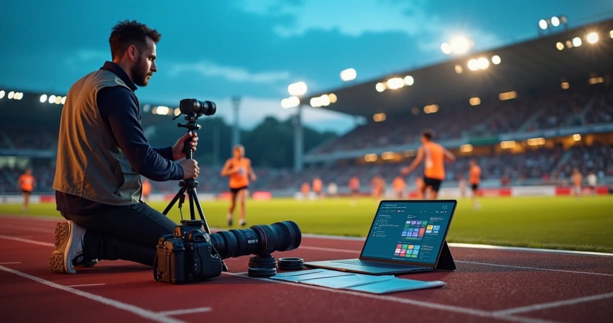 Fotógrafo esportivo acompanhado de telas com painel de organização ao lado do campo
