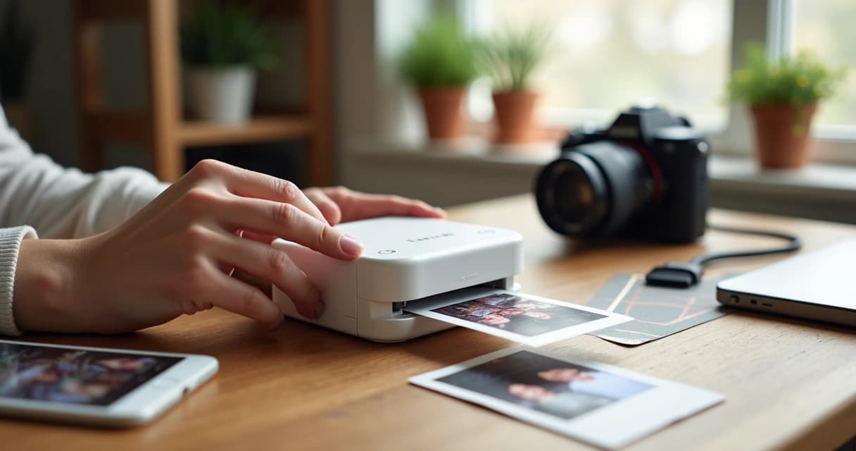Fotógrafo segurando impressora instantânea portátil imprimindo foto colorida