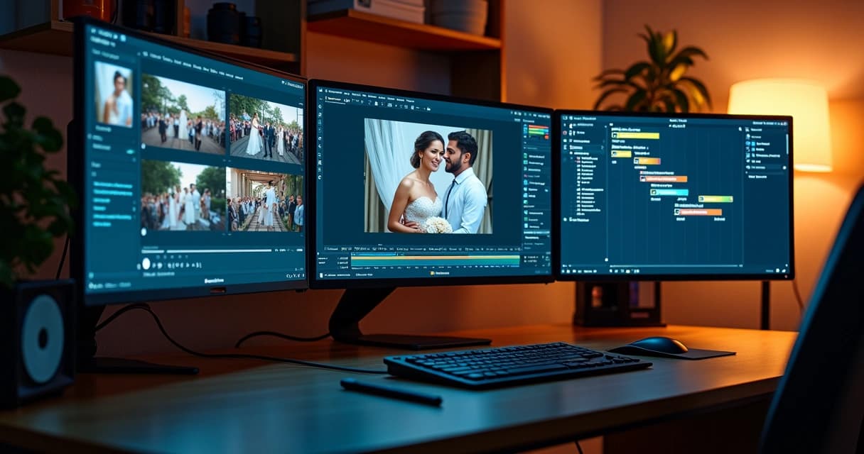 Edição de fotos sociais em sequência organizada em três telas de computador