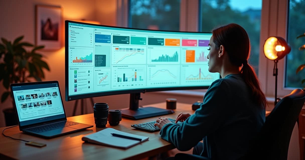 Fotógrafo analisando dashboards de produção fotográfica em monitor ultrawide