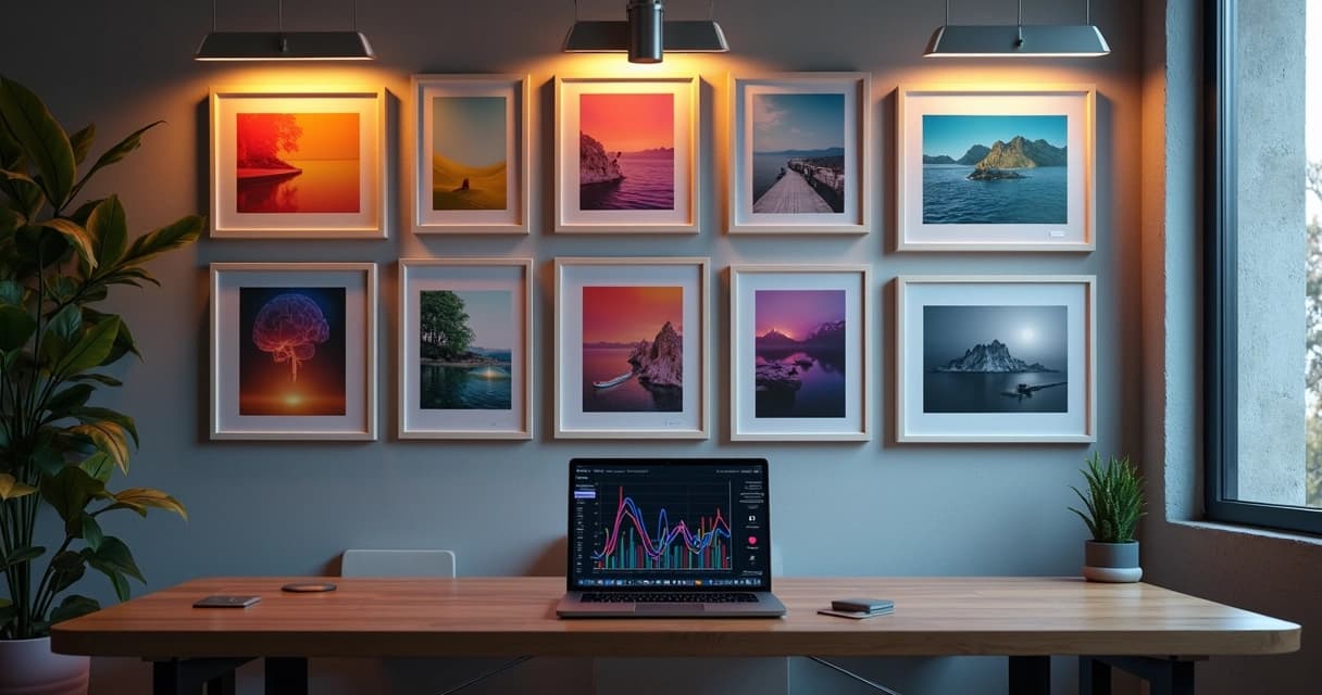 Painel fotográfico colorido conectado a ilustrações de cérebro e gráficos de venda