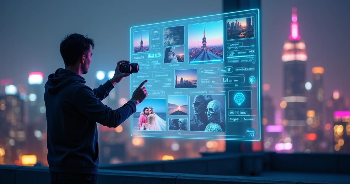 Fotógrafo ajustando edição com interface de IA holográfica sobre a cidade à noite