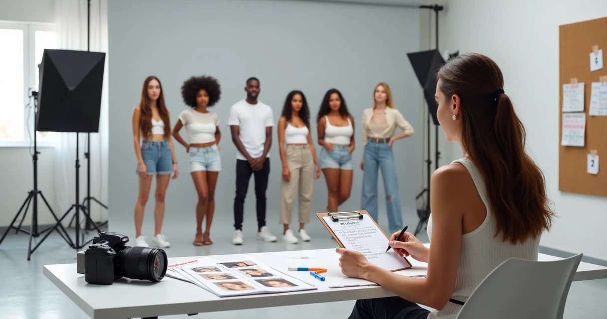 Diretora de fotos avaliando modelos alinhados em estúdio para ensaio comercial