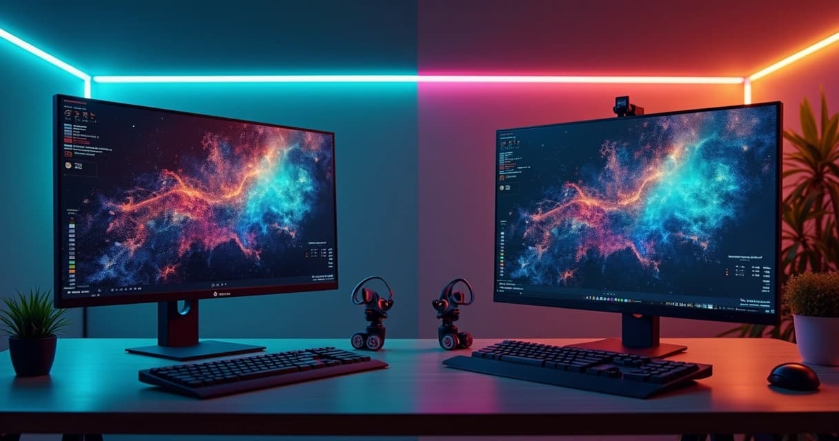 Tela de computador mostrando comparativo entre dois sistemas de gestão para fotógrafos lado a lado, com gráficos e calendários coloridos
