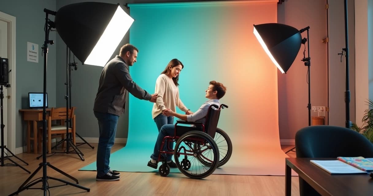Fotógrafo guiando modelo cadeirante em estúdio adaptado com fundo colorido