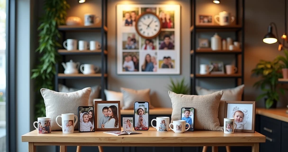 Expositor de loja com variados produtos fotográficos personalizados coloridos